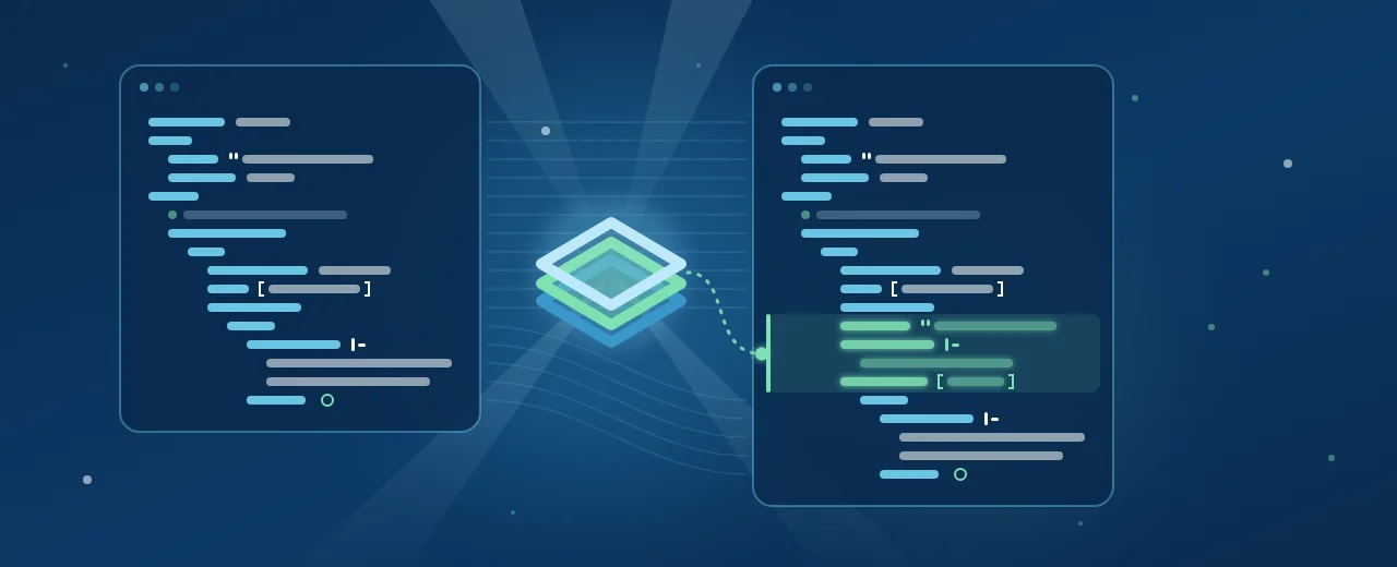 Two YAML documents side by side with identical line shapes, joined by faint matching lines, with a translucent overlay sheet between them and only a band of new lines on the right document glowing green