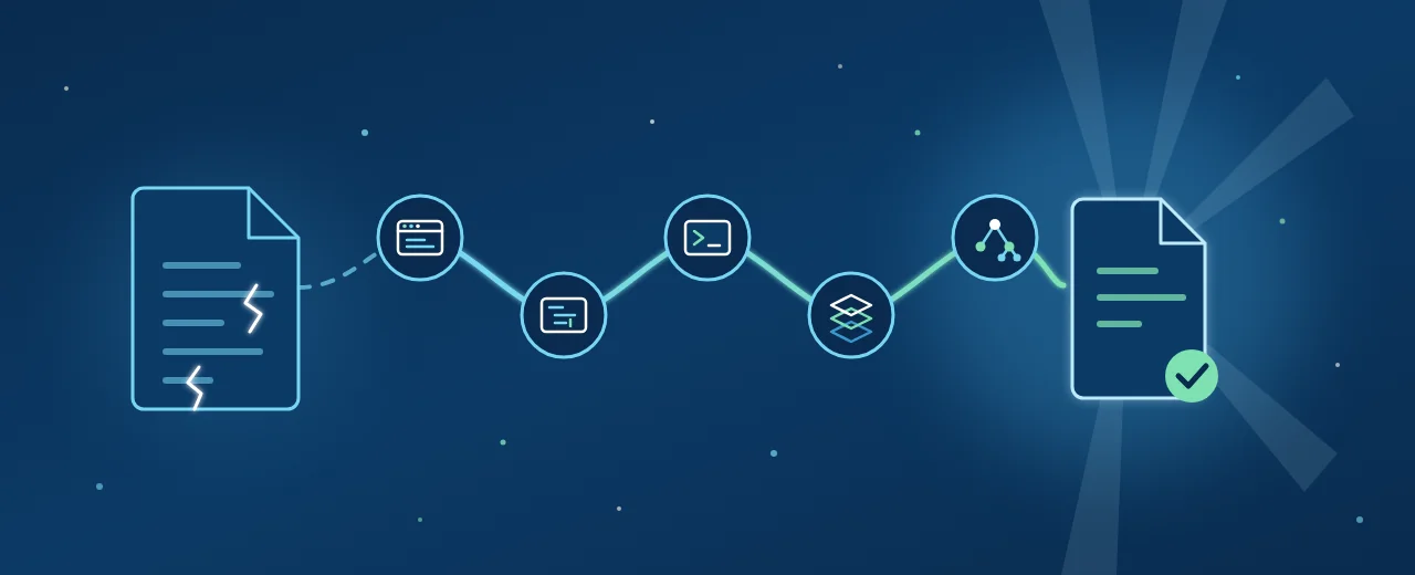 A cracked document on the left travels along a lit path through five stations, a browser window, a code editor, a terminal, stacked overlay layers, and a node tree, and arrives on the right as a clean document with a green check mark