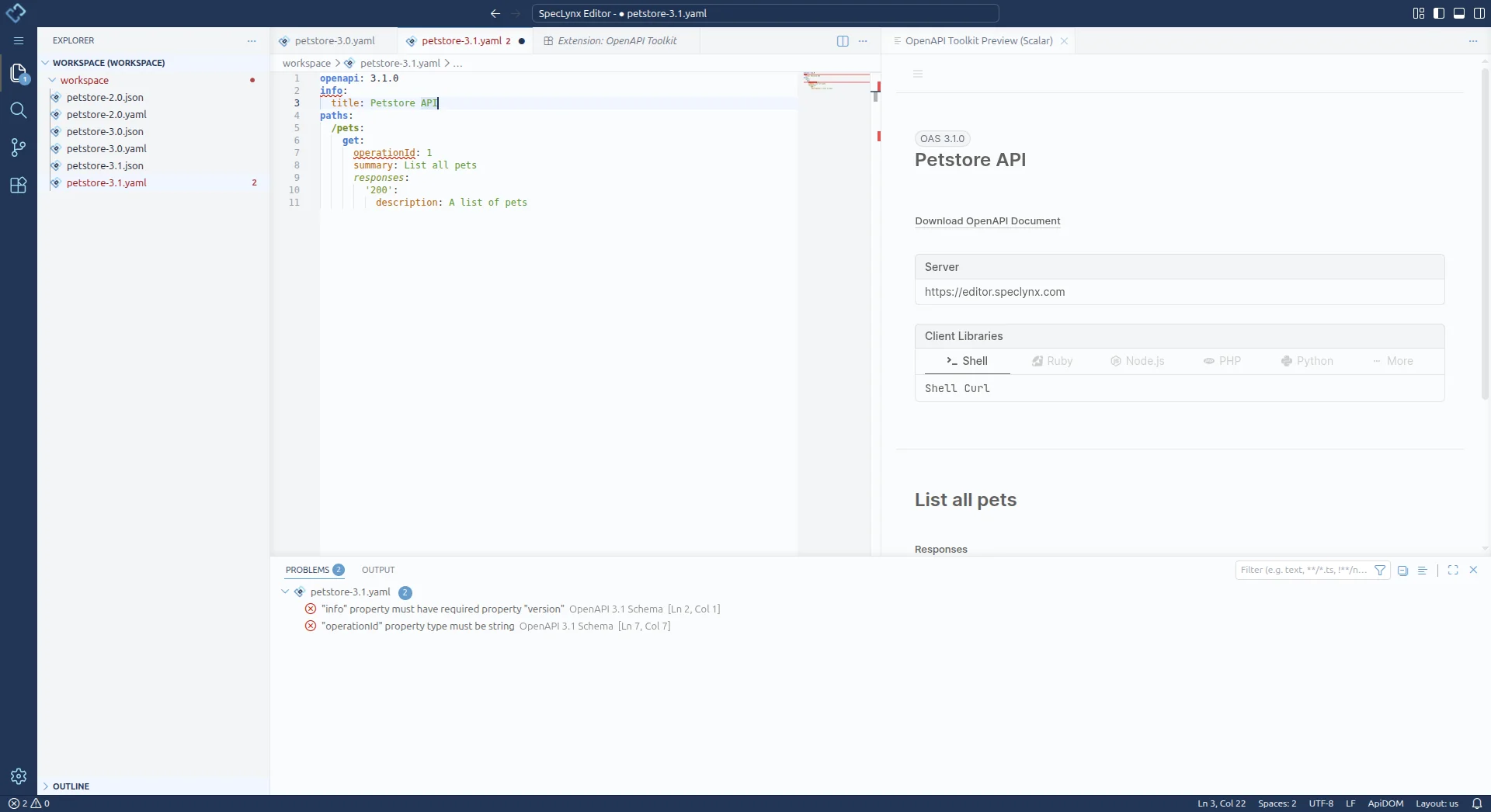 The SpecLynx Editor in the browser with the sample pasted into petstore-3.1.yaml. The Problems panel lists two errors: info must have required property version at line 2, and operationId must be a string at line 7. A rendered Petstore API preview is open on the right.