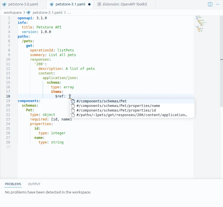 The step 3 Petstore file open in the editor with the cursor after $ref. The completion list offers #/components/schemas/Pet first, then the Pet id and name properties and a path-based reference. The Problems panel below reads: No problems have been detected in the workspace.